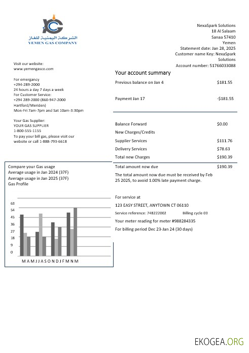 Modèle de facture de services publics de la Compagnie gazière du Yémen aux formats Word et PDF